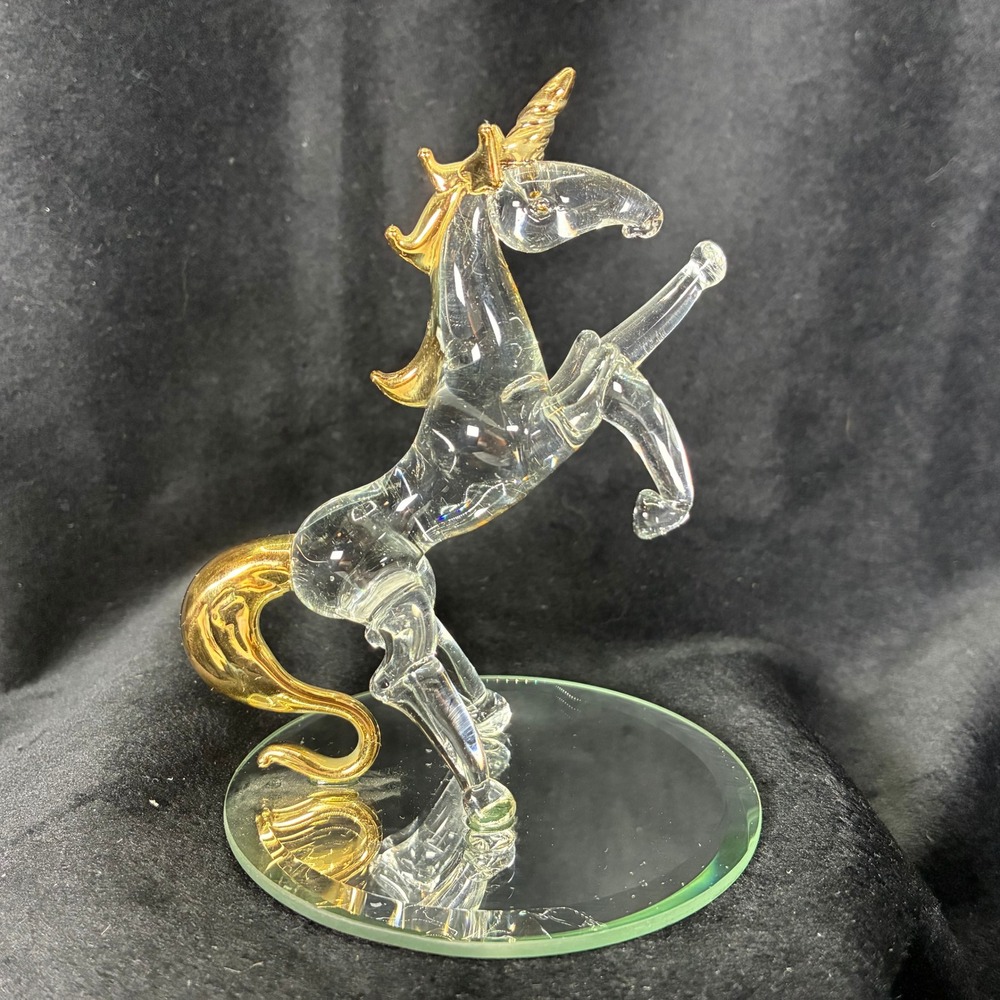 Vintage Hand Blown Glass Unicorn Figurine 24k Gold Accents Mirrored Base 4.5"